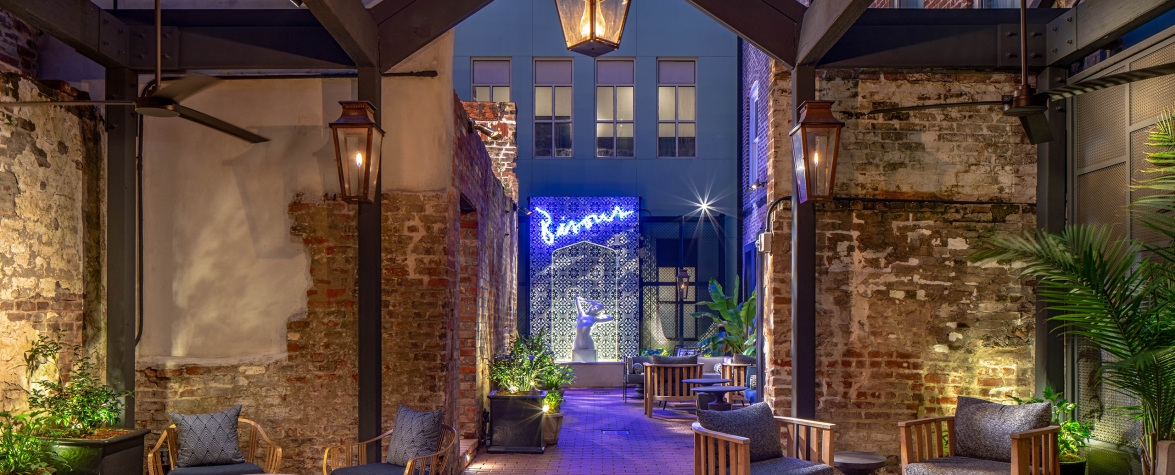 the courtyard in the evening at The Eliza Jane Hotel in New Orleans