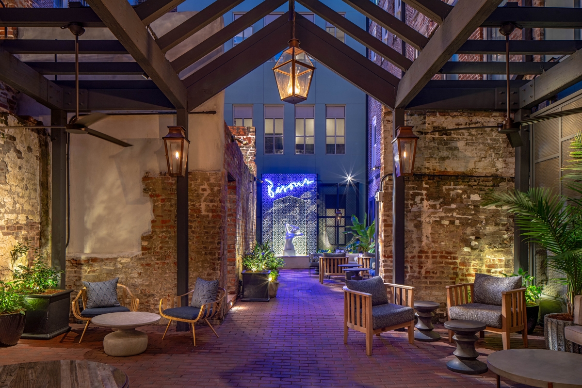 the courtyard in the evening at The Eliza Jane Hotel in New Orleans