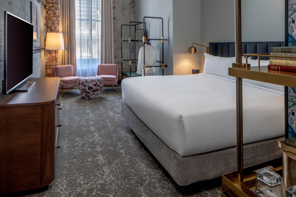 A king bed street view room from The Eliza Jane Hotel in New Orleans