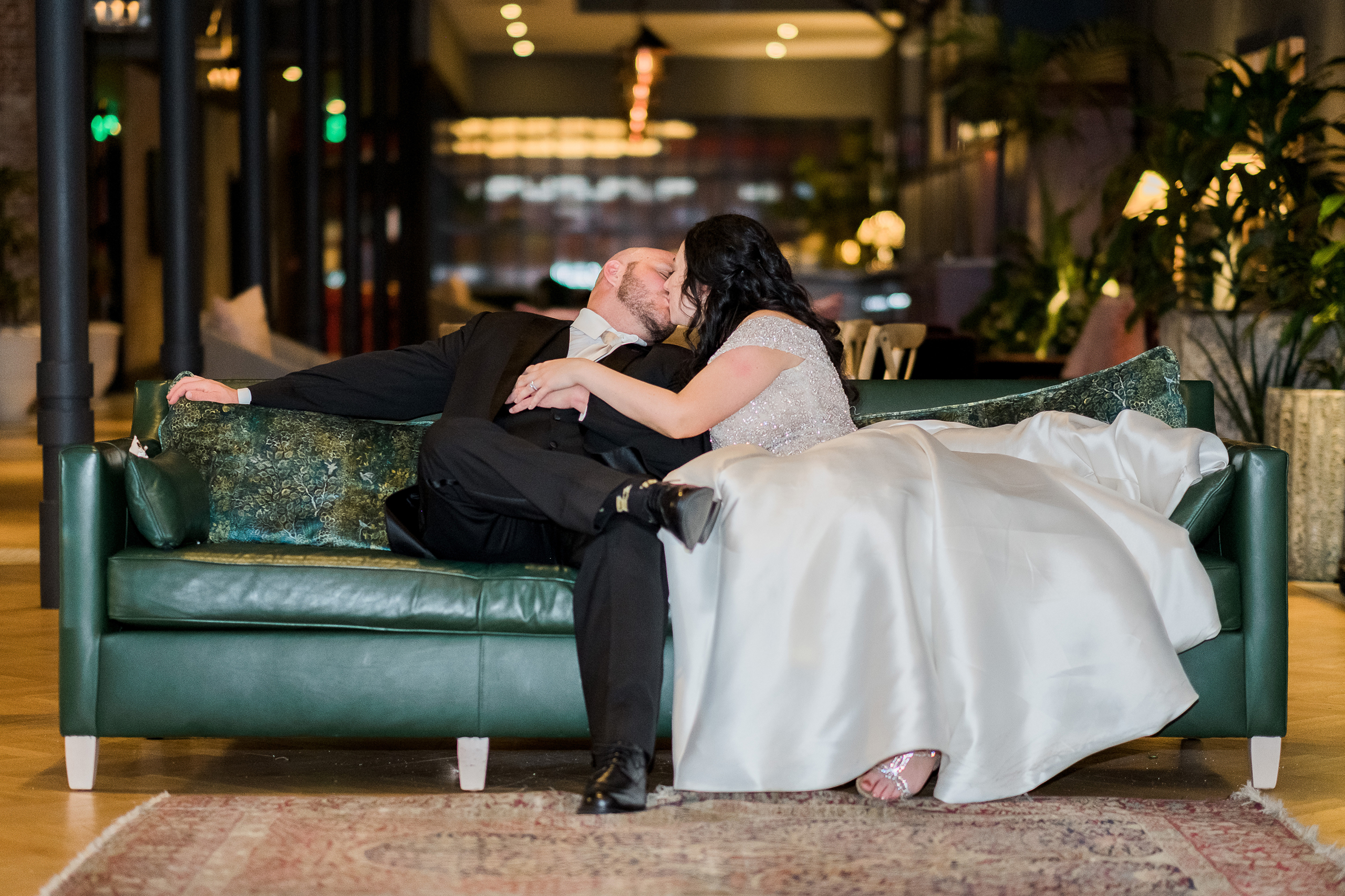 A bride and groom sharing a kiss at The Eliza Jane hotel in New Orleans