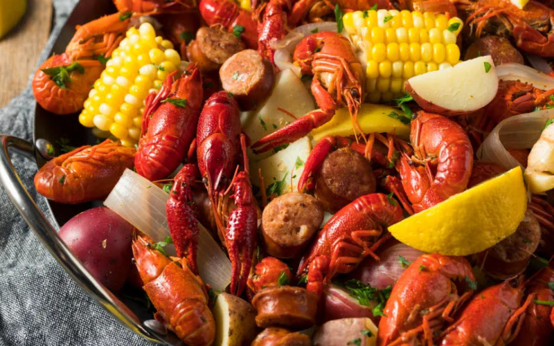 crawfish boil with corn and sausage