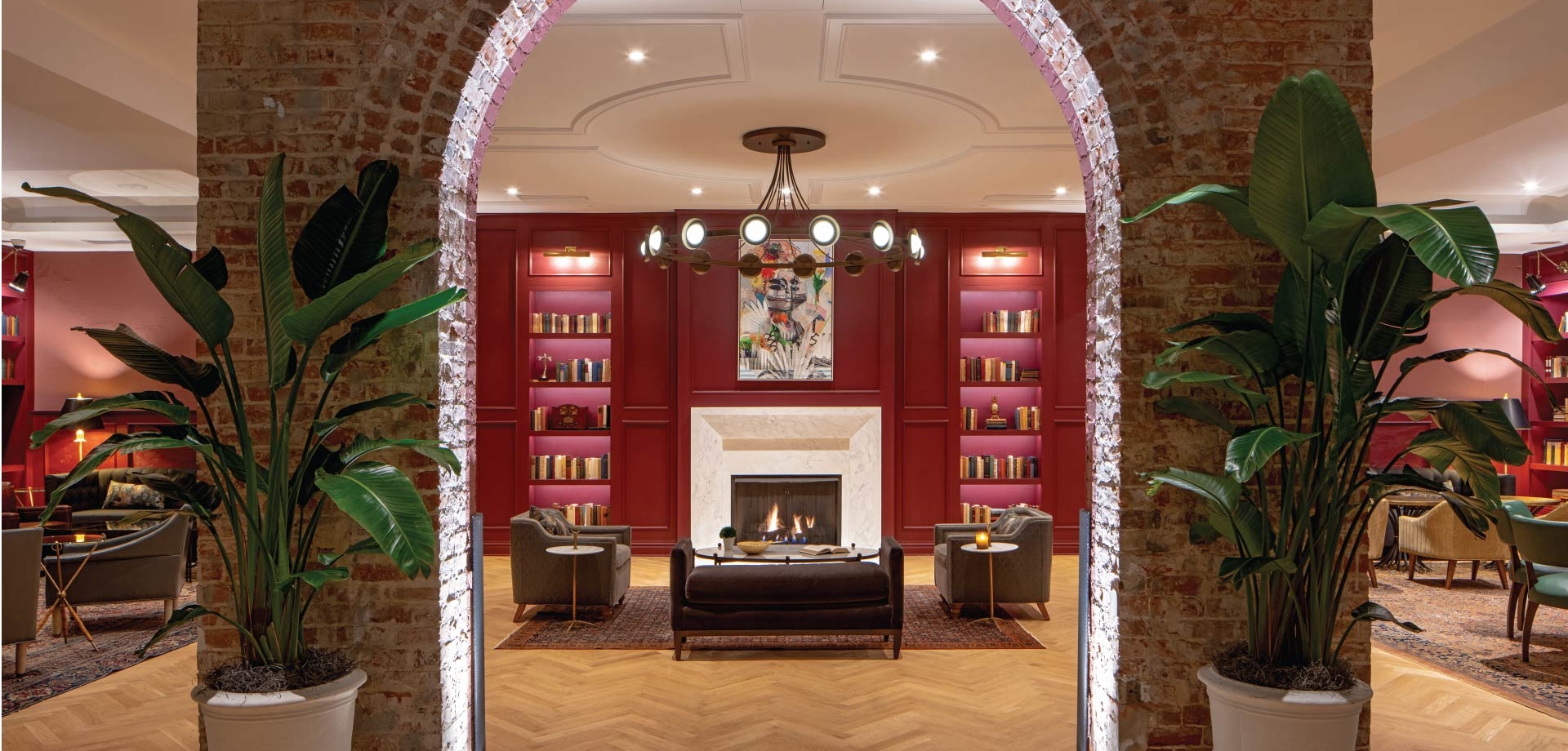lounge area with arch brick wall