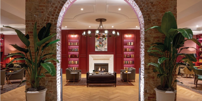 lounge area with arch brick wall
