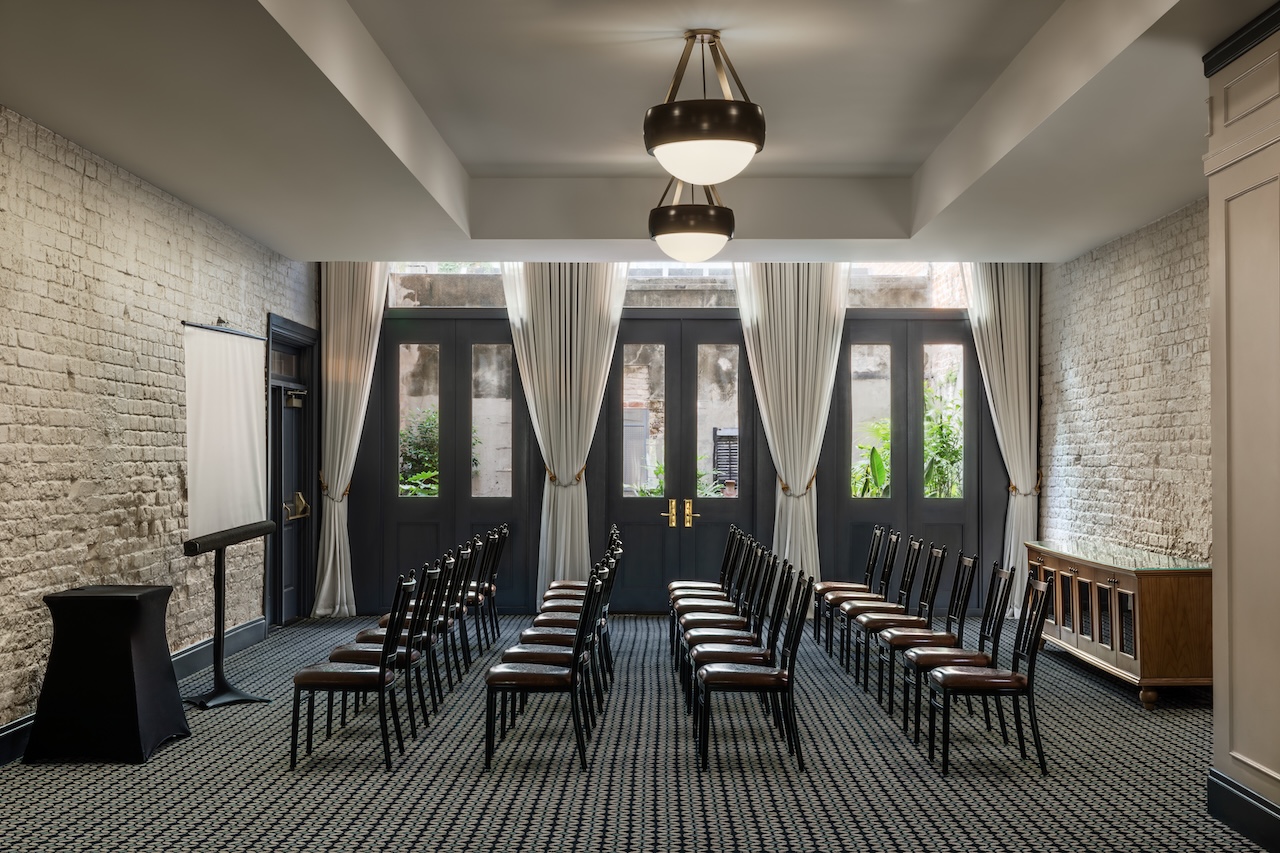 Meeting room set for a presentation in theater style