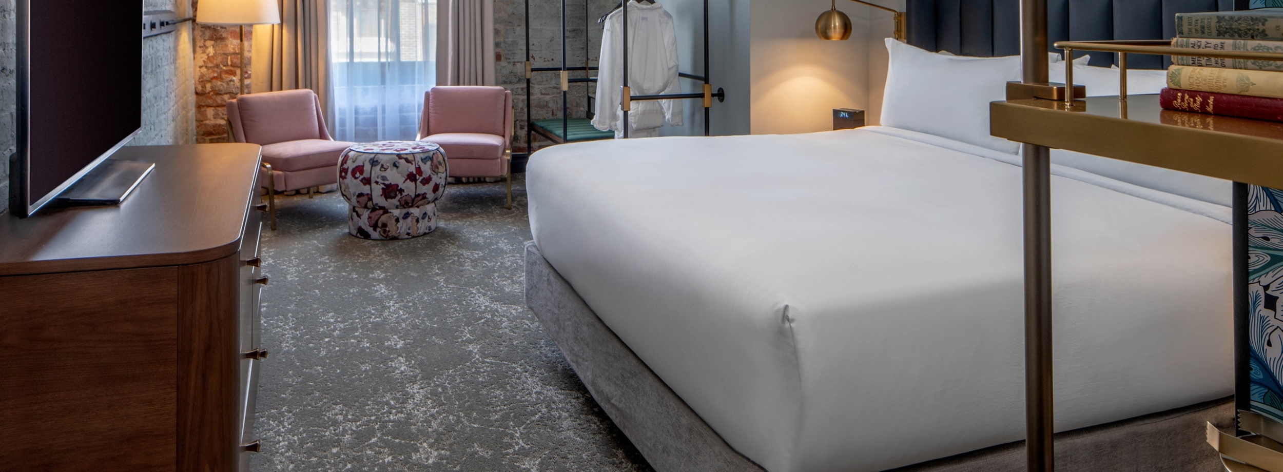 A king bed street view room from The Eliza Jane Hotel in New Orleans